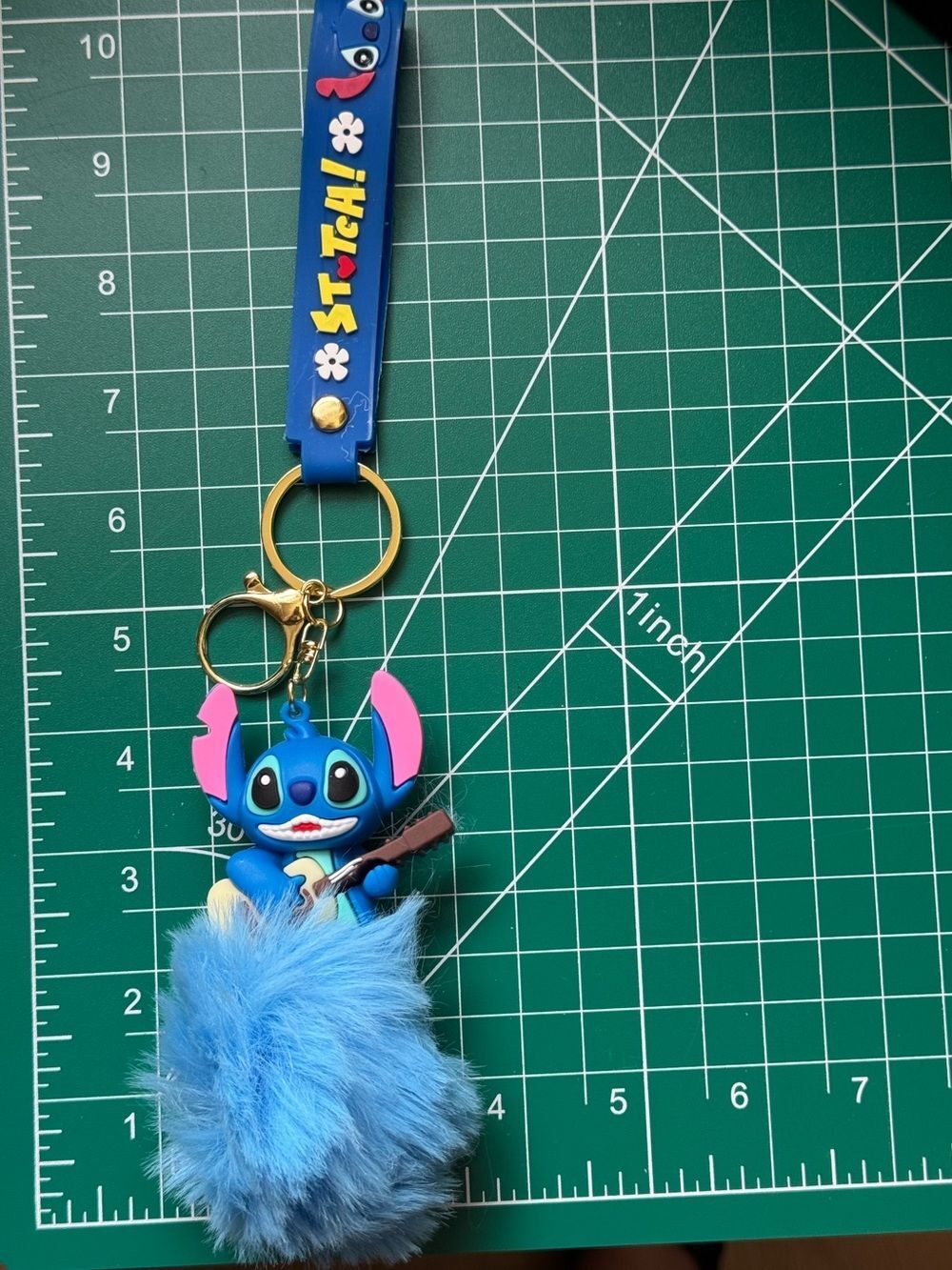 Blue Stitch Fluffy Pom Pom Keychain Bag Charm with Guitar Charm NIP - Picture 3 of 9